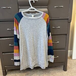 Gray Sweater with Colorful Striped Sleeves
